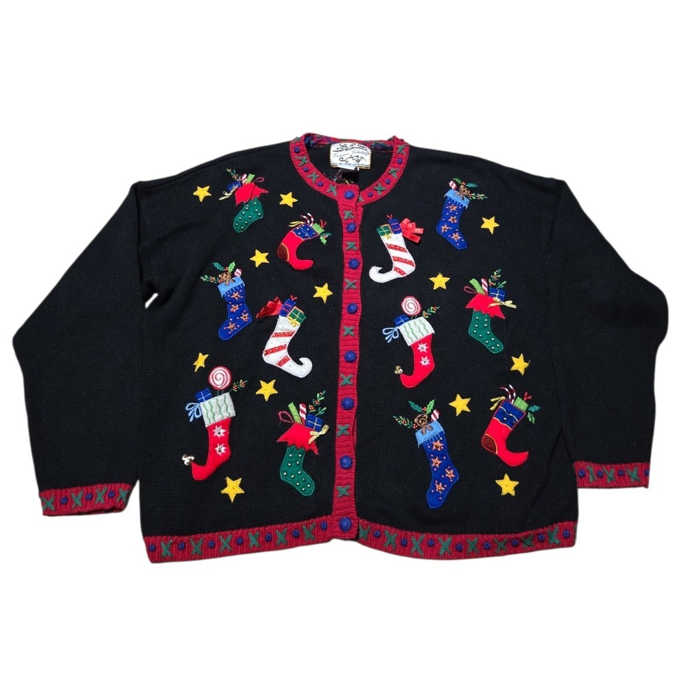 Heirloom Collectibles Vintage Christmas Stocking Cardigan Sweater Black Large